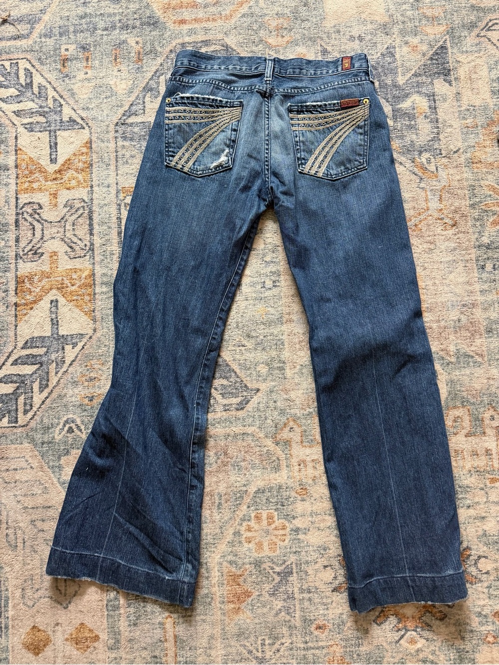 7 For All Mankind Dark Blue Flare Jeans with Embroidered Back Pockets